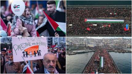 İstanbul'da tarihi buluşma! On binlerce kişi şehitlere rahmet, Filistin'e destek, İsrail'e lanet için Galata Köprüsü'nde!