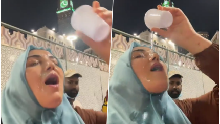 Umre'de zemzem suyunu yüzüne dökerek video paylaşan kadına tepki yağdı! Arkadaki adamın bakışları her şeyi özetliyor