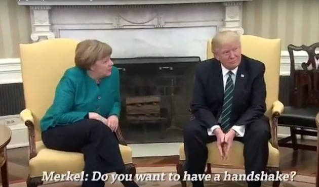 Merkel ile Trump'ın g&ouml;r&uuml;şmesine damga vuran anlar! / VİDEO