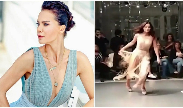 Ebru Şallı "&ccedil;ıplak fotoğraf" sonrası &ccedil;ıktığı ilk defilede az daha d&uuml;ş&uuml;yordu! / VİDEO