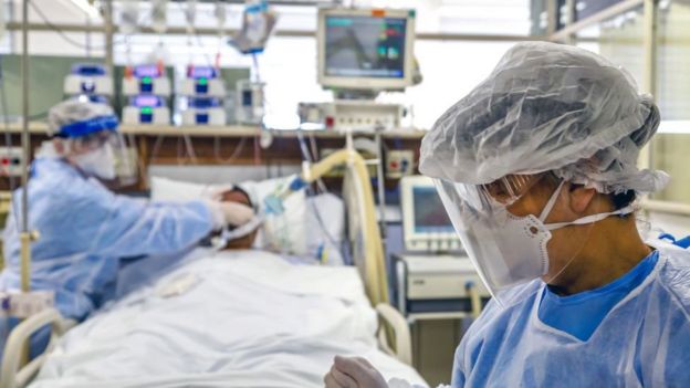Medical staff by a patient's bed in an ICU in Brazil