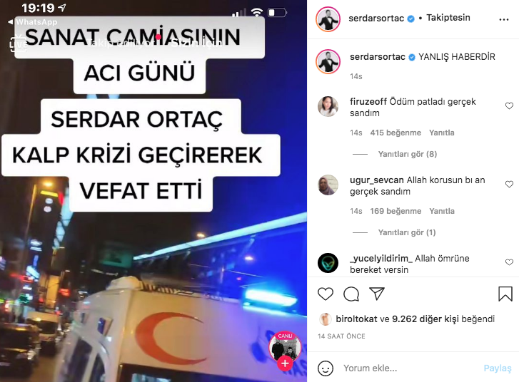'&Ouml;ld&uuml;' iddiasına Serdar Orta&ccedil; cephesinden yanıt