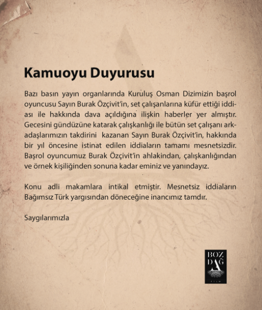 Hapsi istenen Kuruluş Osman'ın yıldızı Burak &Ouml;z&ccedil;ivit ile ilgili Boğzdağ Film'den a&ccedil;ıklama