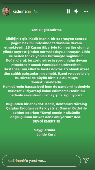 Jülide Kural güzel haberi verdi... Yoğun bakımdaki Kadir İnanır normal odaya alındı
