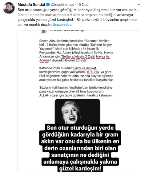 Hz. Adem ve Hz. Havva ile ilgili şarkı sözleriyle tepki çeken Sezen Aksu'ya Mustafa Sandal'dan destek