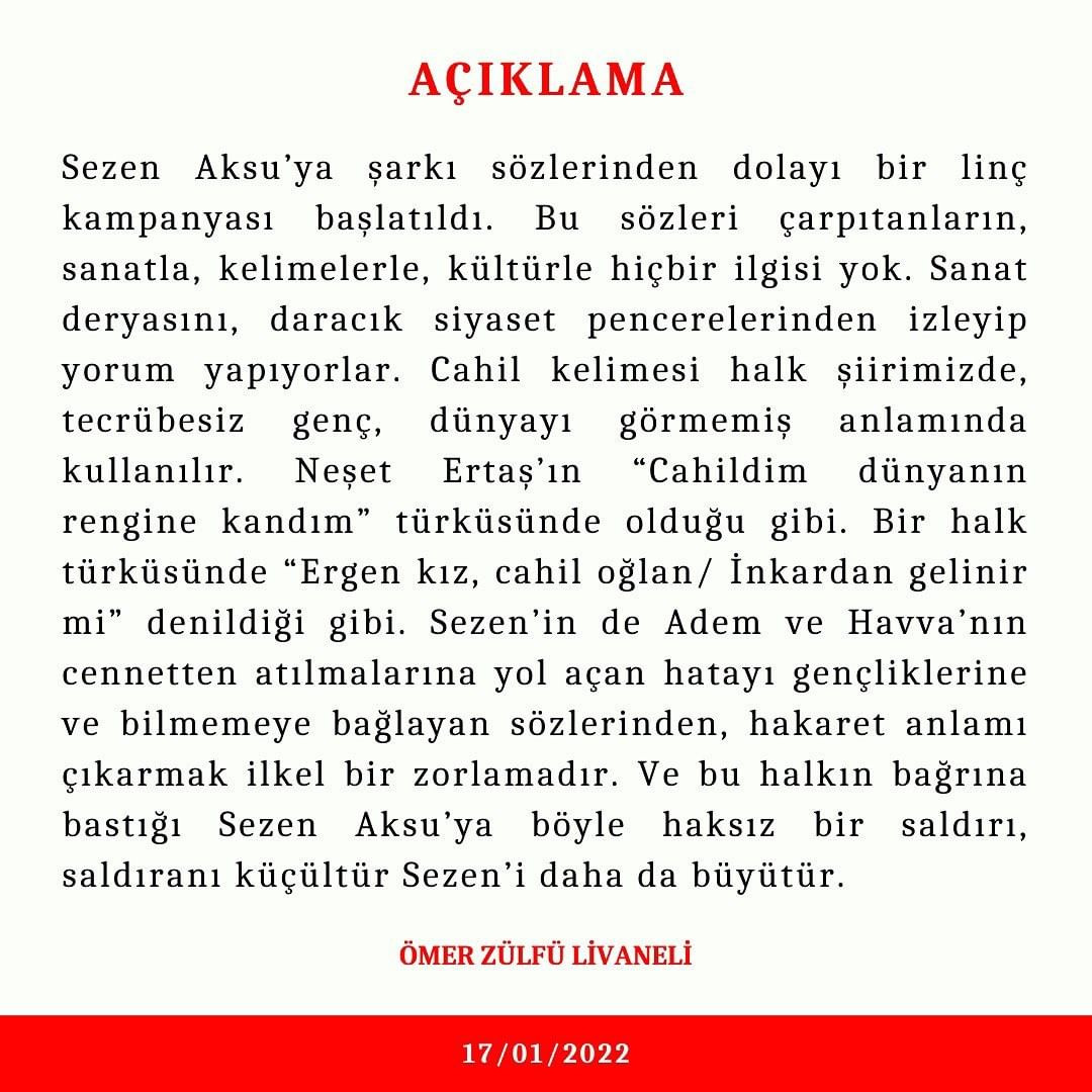 Sezen Aksu'nun b&uuml;y&uuml;k tepki &ccedil;eken şarkı s&ouml;zlerine Z&uuml;lf&uuml; Livaneli destek &ccedil;ıktı 