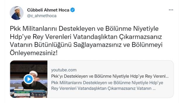 Cübbeli Ahmet, HDP seçmenlerine 'elleri kurusun' diye beddua etti ve 'HDP'ye oy verenleri vatandaşlıktan çıkarın' dedi Cübbeli Ahmet, HDP seçmenlerine 'elleri kurusun' diye beddua etti ve 'HDP'ye oy verenleri vatandaşlıktan çıkarın' dedi