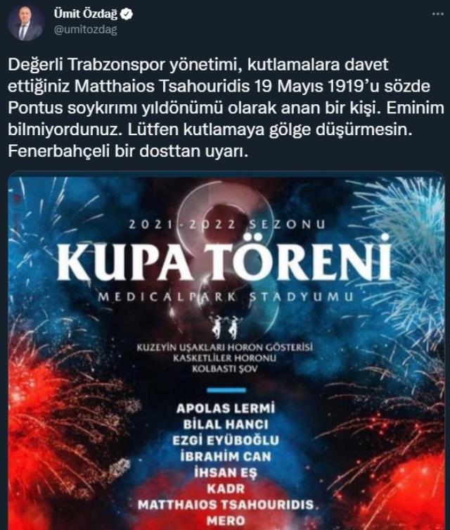 Ümit Özdağ'dan Trabzonspor'a Tsahouridis uyarısı: 19 Mayıs'ı Pontus soykırımı olarak anan bir kişi Ümit Özdağ'dan Trabzonspor'a Tsahouridis uyarısı: 19 Mayıs'ı Pontus soykırımı olarak anan bir kişi