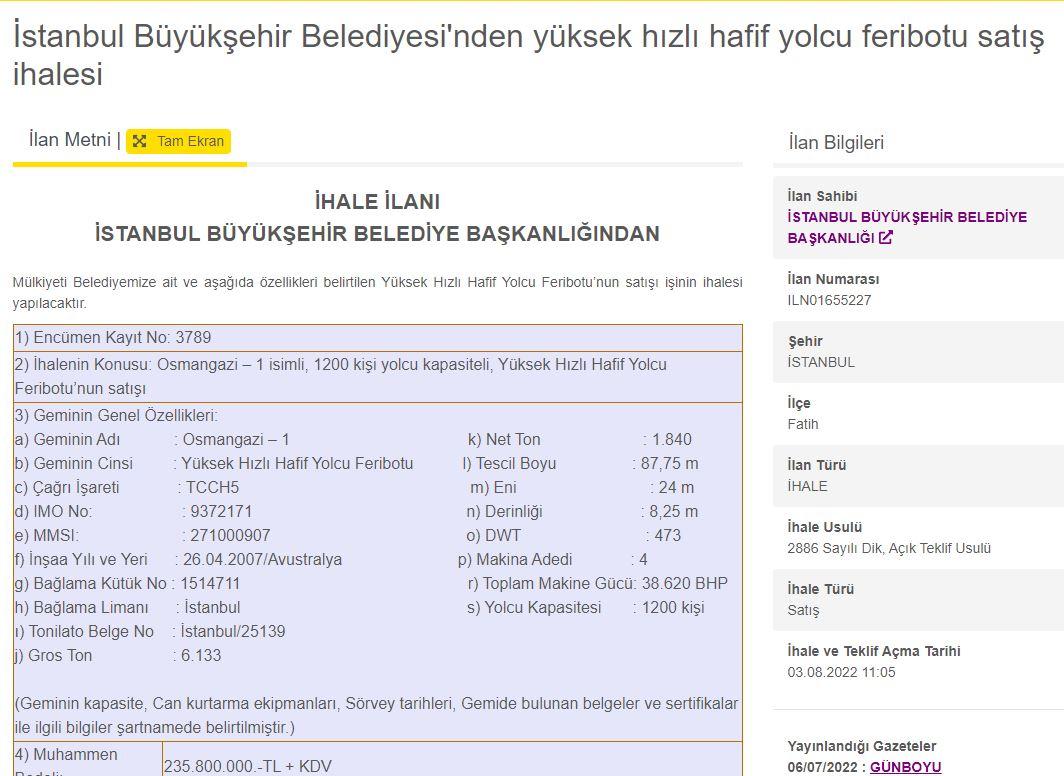 Feribot, 3 Ağustos'da ihaleye sunulacak