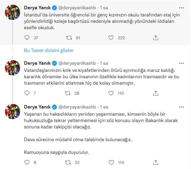 Bakan Yanık'tan, başörtüsü nedeniyle staja kabul edilmeyen öğrenci için açıklama