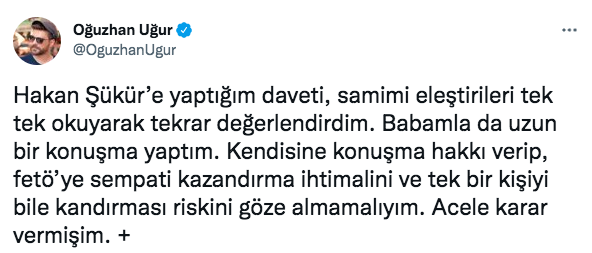 FETÖ'cü Hakan Şükür'ü programına davet eden Oğuzhan Uğur'dan geri adım