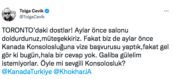 Tolga Çevik'ten vize tepkisi: ''Galiba gülelim istemiyorlar''