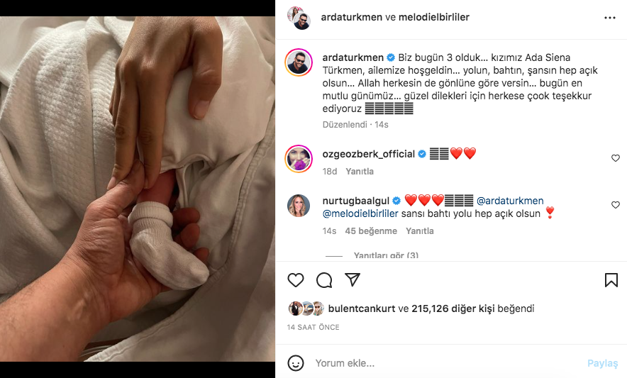 Arda T&uuml;rkmen ve Melodi Elbirliler'in bebeği d&uuml;nyaya geldi