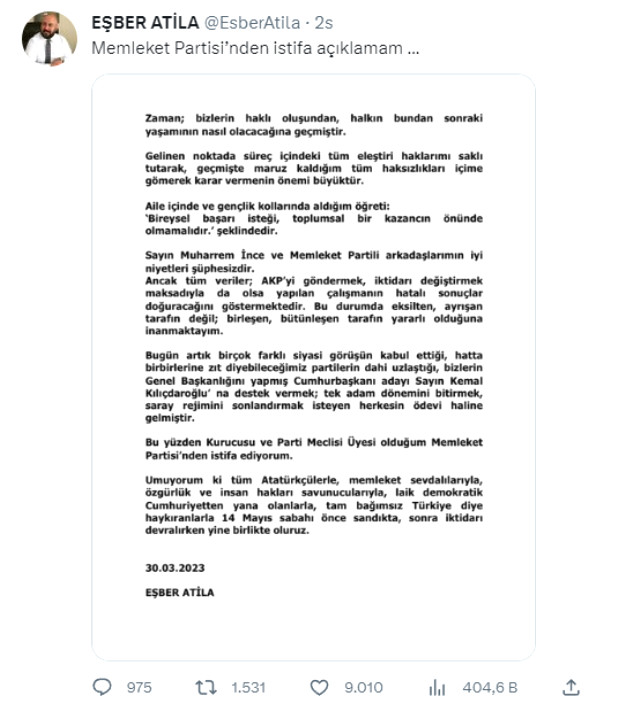 Memleket Partisi Kurucularından, Pm Üyesi Eşber Atila İstifa Etti